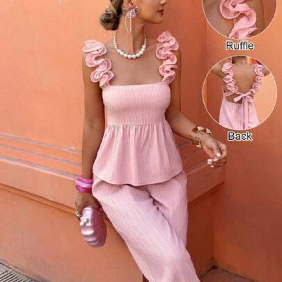 Conjunto de dos piezas con top tubo con volantes y pantalones - Versátil para uso casual/oficina/vacaciones (primavera y verano, tallas regulares) - Rosa - Ver 1