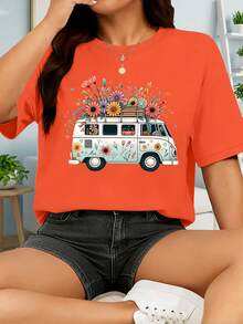 Camiseta vintage de manga corta para mujer - Floral Bus, con un diseño bohemio de una furgoneta camper sin frases, cuello redondo elástico, estilo casual, adecuada para primavera, verano y otoño, lavable a máquina, material transpirable, no transparente, corte holgado, estampado divertido, textura suave, imprescindible para las amantes de la moda. - Negro - Ver 7