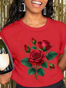 1 pieza de camiseta para mujer con estampado de rosas negras y rojas - Camiseta casual de manga corta y cuello redondo, diseño de hojas burdeos y rosas, tela ligera y transpirable adecuada para uso casual en primavera y verano, atuendo para el Día de San Valentín, camisa elegante lavable a máquina, patrón floral de rosas rojas brillantes y hojas verdes, corte holgado para resaltar la moda femenina - Camiseta casual para mujer - Camiseta nueva, cómoda y holgada con estilo. - Rojo - Ver 2
