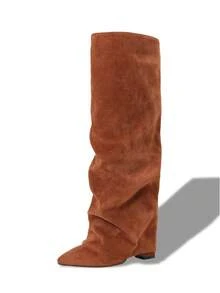 Shark Boots Women's Knee High Boots Fold Over Boots Slouchy Chunky High Heels Shoes Wide Calf Pointed Toe Shoes - 棕色絨面革 - 查看 2