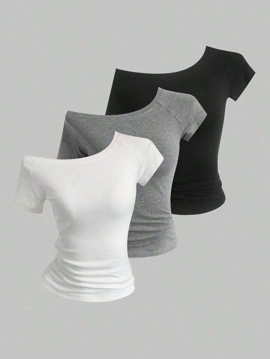 3 piezas Camisetas ajustadas con cuello asimétrico para mujer, tops básicos con cuello asimétrico en negro, blanco, rosa - Multicolor 2 - Ver 1