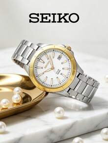 Seiko SNE084J1 男士太阳能石英表，白色表盘搭配双色不锈钢表带，经典商务休闲腕表，带日期显示，男士礼品 - 銀色 - 查看 3