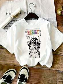 1 camiseta de mujer con estampado de la Estatua de la Libertad "RESIST" - Casual, cómoda, de manga corta, perfecta para la moda diaria, idea de regalo para vacaciones y cumpleaños, ropa informal.| Camiseta con Letras en Negrita| Polyester Blen Y2k Camiseta Camisa De - Blanco - Ver 10