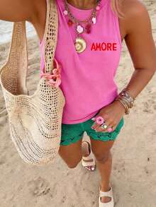 Áo tank top không tay kẻ sọc xanh lá cây AMORE, trang phục mùa hè cho nữ, đồ đi nghỉ mát và đi biển thường ngày. - Màu xám đen - Xem 3