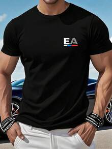 Camiseta de manga corta para hombre con estampado sutil en el pecho - Camiseta casual de cuello redondo para verano, tela opaca transpirable adecuada para atuendos casuales, oficina y ocasiones semi-formales - Lavable a máquina, esencial para el verano. - Negro - Ver 1