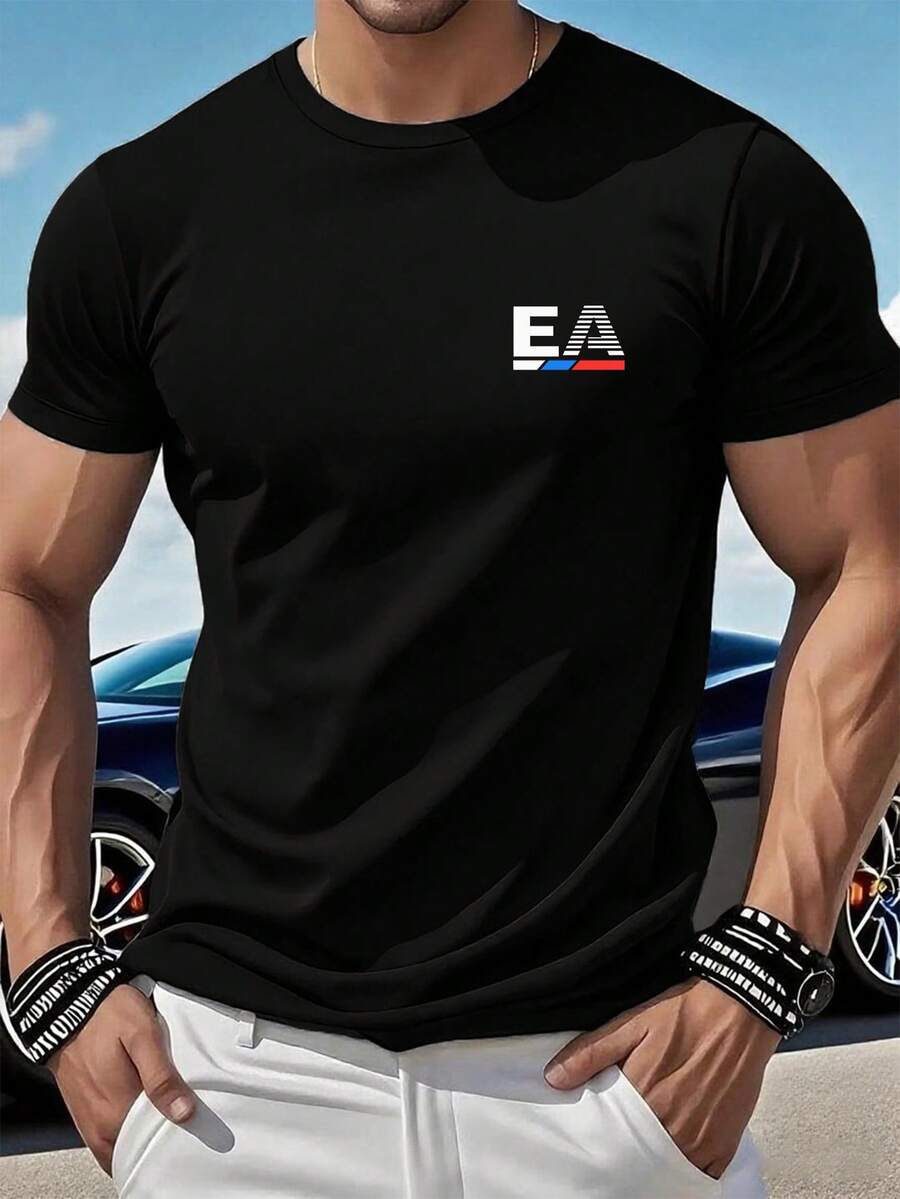 Camiseta de manga corta para hombre con estampado sutil en el pecho - Camiseta casual de cuello redondo para verano, tela opaca transpirable adecuada para atuendos casuales, oficina y ocasiones semi-formales - Lavable a máquina, esencial para el verano. - Negro - Ver 1