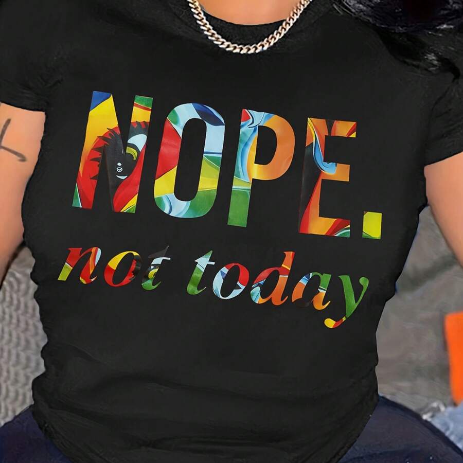 Round Neck Women's T-Shirt NOPE with Shclothest Sleeves - Soft Stretch Fabric, Bold "NOPE HOY NO" Print with Colclothesful Flags, Relaxed Fit & Comfcl - Negro - Ver 1