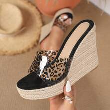 Sandal đế xuồng mũi tròn, thoải mái, thoáng khí, chất liệu dây gai dầu trong suốt, họa tiết da báo, dành cho nữ, mùa hè. - màu nâu - Xem 11