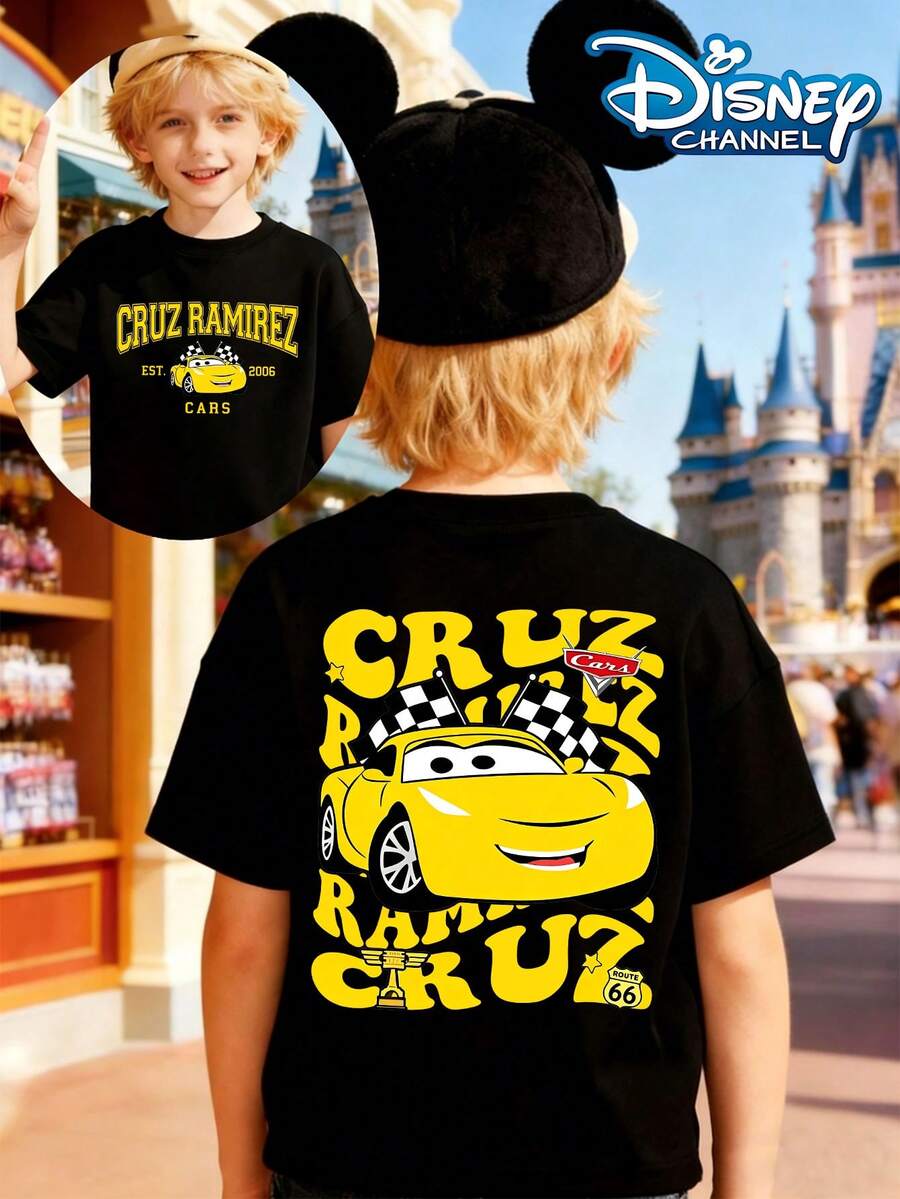 Disney Cars "Cruz Ramirez" Race Car And Trophy Graphic Printed Summer Tops, Perfect For Cool Boys. Teen Boy Gift,Comfortable And Breathable Children's Short-Sleeved T-Shirt. 180g Pure Cotton Children's Clothes,Suitable For Both Boys And Girls.Suitable For Daily Wear, Vacations, Outdoor Activities, And As A Children's Gift. - 黑色 - 查看 1