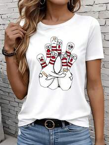 Women's Short-Sleeved T-Shirts In Black And White Are Suitable For Everyday Wear, Lounging At Home, And Outdoor Activities. This Fun Cartoon Bowling T-Shirt For Women Is A Casual White Blouse With A Bowling Design, Perfect For Daily Wear, Parties, Or Holidays. - 白色 - 查看 1
