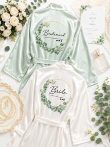 Green Bridesmaid Robe, Solid Satin Sexy Tie Sleepwear, Suitable For Vacation, Gift, Party, Bride, Bridesmaid, Wedding Supplies And Bachelorette Party - Mint Green - View 3