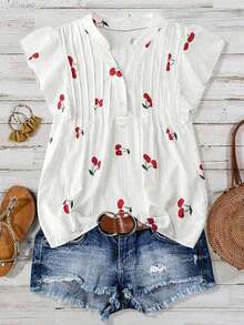 Blusa casual de mujer con estampado de cerezas, cuello plisado y mangas cortas de campana en silueta "H", para uso diario y vacaciones - Multicolor - Ver 6