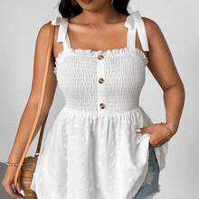 Plus Size Women's Solid Color Front Gathered Patchwork Textured Fabric Shoulder Strap Blouse - Azul - Ver 6