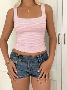 Camiseta de tirantes de punto a rayas rosa, estilo Y2K, diseño sin mangas adecuado para la playa, el transporte y el uso casual en verano - Rayas rosas y blancas - Ver 7