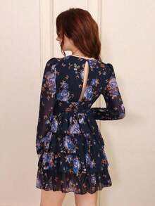 Revavyn Vestido de manga larga con estampado aleatorio de moda para mujer, atuendo de vacaciones - Azul marino - Ver 5