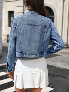 Short Cotton Denim Jacket With Flap Pockets & Rhinestone Decor For Women Casual - Blue - View 7
