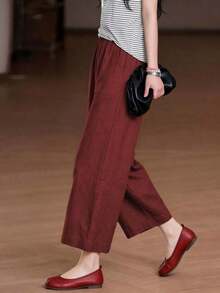 Pantalones anchos de lino con bolsillo y cintura elástica en estilo bohemio casual, para mujer, para verano y primavera - Rojo - Ver 5