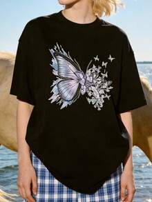 Women's Soft And Casual Short-Sleeved T-Shirt With A Round Neck, Featuring A Broken Butterfly Graphic Print, Suitable For Minimalist Everyday Wear. Black. - 黑色 - 查看 2