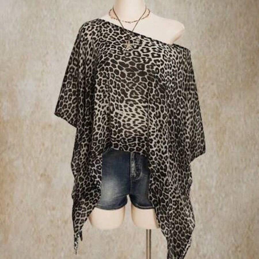 ICON Plus Size Retro Sexy Casual Beach Vacation Millennial Style Y2K Fashion Individual Modern Urban Avant-Garde Bold Music Festival Bohemian Style Leopard Print Asymmetrical Hem Loose Top, Going Out Tops - Gris - Ver 1