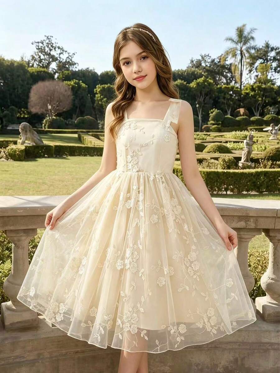 Đầm thanh lịch màu sâm panh thêu nơ cho bé gái, quà tặng ngày Quốc tế Bé gái, đầm chiffon mùa hè màu sâm panh thêu bướm cho bé gái, đầm hai dây có nơ trang trí cho bé gái. - Rượu sâm banh - Xem 1