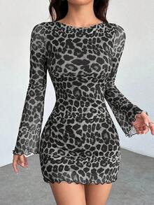Vestido corto de mujer con mangas campana y malla con estampado de leopardo - Multicolor 2 - Ver 5