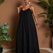 Plus Size Women Solid Color Casual Vacation Daily Wear Sleeveless Off Shoulder Ruffle Patchwork Loose Flared Maxi Dress, Summer - Burdeos - Ver 6