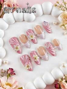 10 piezas de pegatinas de uñas con forma de almendra, estilo de verano lindo y removible, adecuado para fiestas, baile, uso diario, fiestas estudiantiles, cosplay de oficina, reutilizable, incluye pegatinas de pegamento para uñas y lima de uñas - Rosa Pálido - Ver 1