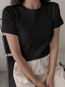 Camiseta básica de cuello redondo, estilo preppy. - Negro - Ver 5