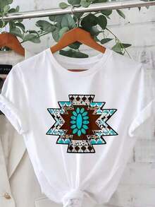 Camiseta de mujer moderna, informal, para fiestas y para estar en casa, 100% algodón, corte holgado. . De corte holgado. Camiseta Deportiva de Mujer con Estampado Gráfico Occidental, Manga Corta, Cuello Redondo, Estilo Casual con Letras y Motivos Florales, Lavable a Máquina, para Verano y Primavera, en Azul Teal, Marrón y Blanco - Estilo Vintage Urbano, Unisex, Holgada, de Algodón, Manga Corta, Cuello Redondo, blusasparadamacasuales - Blanco - Ver 1