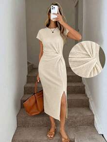 Vestido midi casual de mujer con estampado de lunares, cintura retorcida y abertura alta sin mangas; Vestido ajustado texturizado casual de mujer; Conjunto de fitness de mujer; Vestido de invitada de boda de mujer; Atuendo de oficina de mujer - Beis - Ver 6