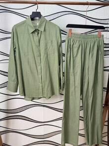 Linen Shirt And Pants Set, 2 Pieces, Lined With Elastic. - Verde de judía - Ver 4