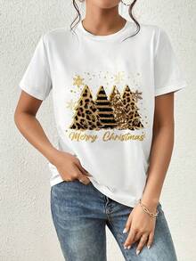 Conjunto casual de mujer con estampado de leopardo y árbol de Navidad, tejido suave, ideal para fiestas navideñas, outfits para exteriores y regalos navideños - Blanco - Ver 3