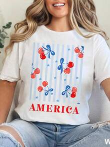 Camiseta blanca para mujer con estampado patriótico de cerezas "AMERICA", estilo casual veraniego Camiseta casual de verano con gráfico de cerezas y estrellas, estilo festivo y favorecedor - YH329-Blanco - Ver 1