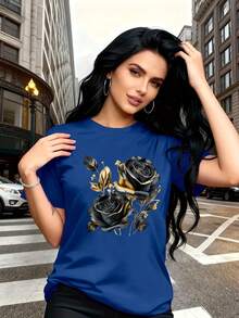 Soft 100% Cotton T-Shirt. A Stylish And Breathable T-Shirt With A Luxurious Vintage Design And A Black And Gold Rose Pattern, Perfect For Family Trips, College Events, Casual Wear, Daily Commutes, Matching Sister Outfits, And Versatile Use. Breathable Cotton T-Shirt, Goes With Everything. - 藍色 - 查看 6