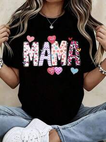 1 Piece Women's Mama T-Shirt With Cute Heart Print, Graphic Tee, Mother's Day Gift, Fashionable Casual Top For Mom, White, 210g, 100% Cotton, Prints Are Fully Printed. Unisex. - 黑色 - 查看 7