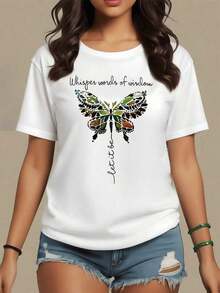 Butterfly Formed By Leaves And Words That Inspire Serenity Symbolizing Freedom And Spiritual Renewal, T-Shirt For Women, 100% Soft White Cotton, Maija Curvy Women. - 白色 - 查看 1