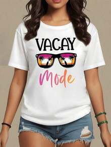 Beach Landscape With Palm Trees And Sunset Reflected In Glasses That Convey A Relaxed Atmosphere Ideal For Holidays, Women's T-Shirt 100% Cotton 220g, Maija Women Curvy. - 白色 - 查看 9