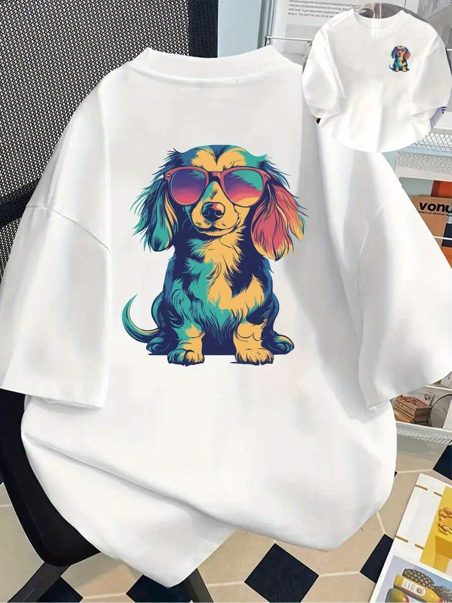 Camiseta Colorida con Estampado de Dachshund para Mujer - Camiseta Casual de Manga Corta con Cuello Redondo y Diseño Vibrante de Perro de Dibujos Animados, Perfecta para Primavera y Verano, Top para Todas las Temporadas| Ropa Casual| Camiseta Estilosa Prin Y2k - Blanco - Ver 1