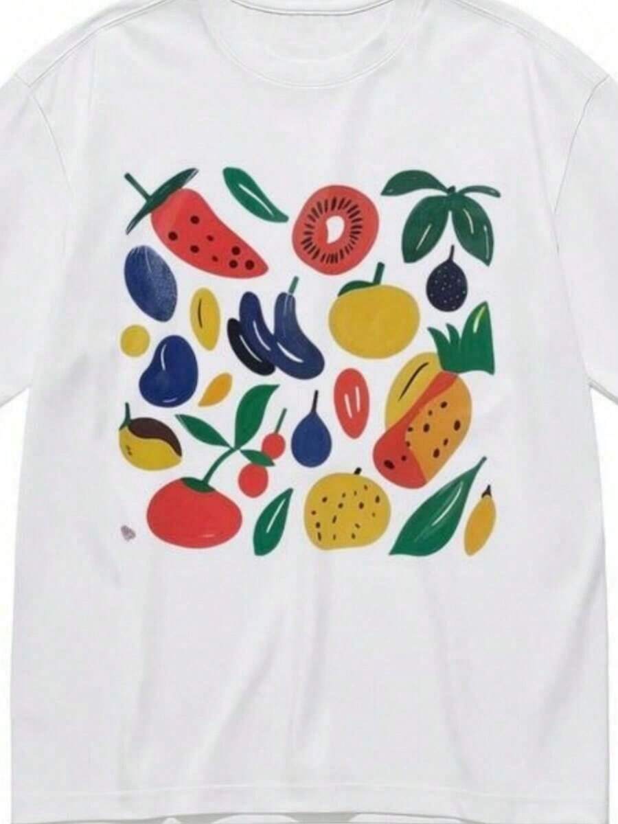Women's Classic Breathable And Comfortable T-Shirt With Colorful Apple Graphic - Unisex Vintage Urban Style, Short Sleeve Crew Neck Cotton T-Shirt - 白色 4 - 查看 1