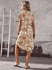 Vestido corto de mujer de un solo pecho con cuello muescado de estampado completo, estilo de vacaciones de verano - Albaricoque - Ver 2