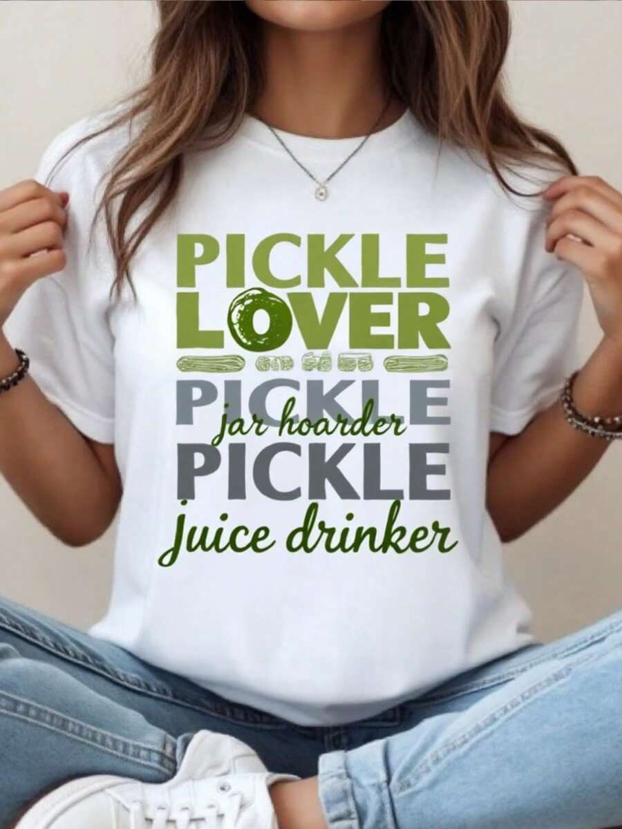 Camiseta de amante del escabecado de las mujeres - divertido escabecado Jar acumulador y endido escabecado jugo bebedor diseño, blanco de manga corta cuello de la tulación tee casual con verde escabecado y endido impresión, relado uste para los entusiastas del escabecado