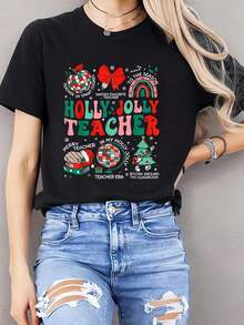 Camiseta de Mujer 100% Algodón Negra Holly N Jolly Teacher Christmas Coquette Bow Retro Xmas Pjs T-Shirt - Estilo Vintage Urbano Unisex, Camiseta Holgada de Algodón de Manga Corta con Cuello Redondo, 100% algodón puro. - Negro - Ver 1
