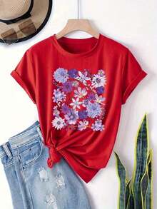1 pieza de camiseta de manga corta con estampado floral para mujer, cuello redondo, ropa casual de primavera y verano, 180g, 100% algodón. - Blanco - Ver 7