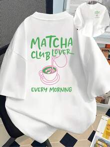 Amante del Matcha, Camiseta con Estampado de Matcha para Cada Mañana, Manga Corta, Cuello Redondo, Top Casual para Primavera y Verano, Ropa de Mujer Y2k, Camiseta - Negro - Ver 1