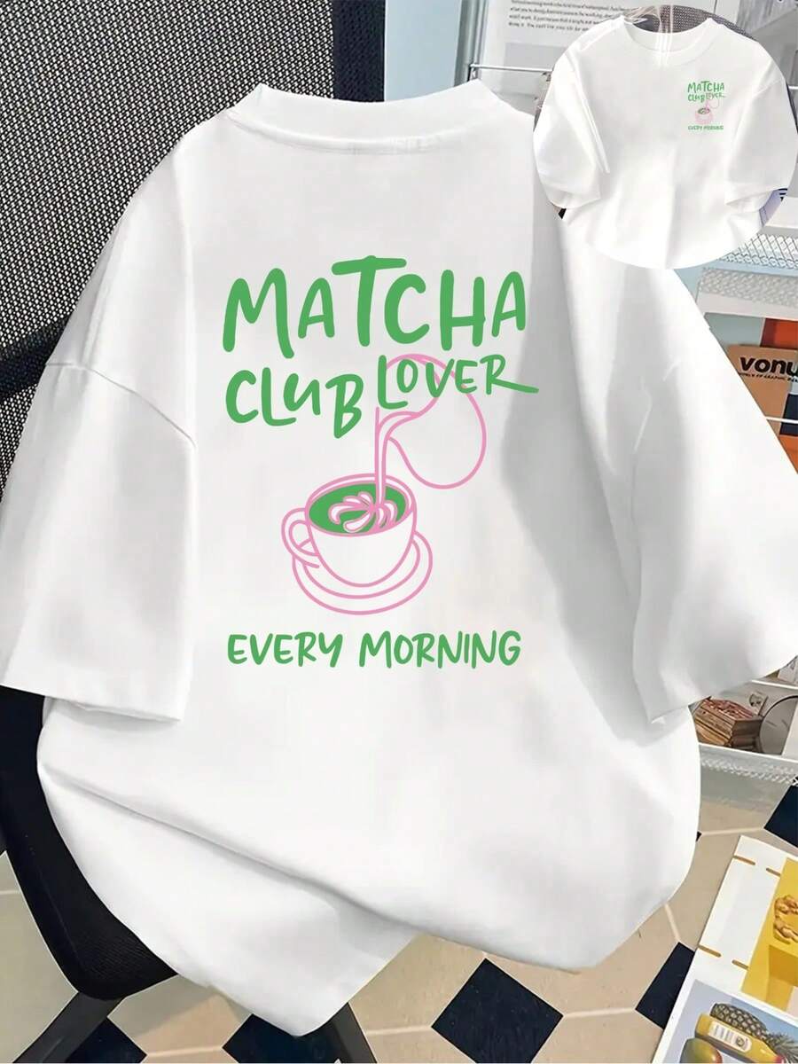 Amante del Matcha, Camiseta con Estampado de Matcha para Cada Mañana, Manga Corta, Cuello Redondo, Top Casual para Primavera y Verano, Ropa de Mujer Y2k, Camiseta - Negro - Ver 1