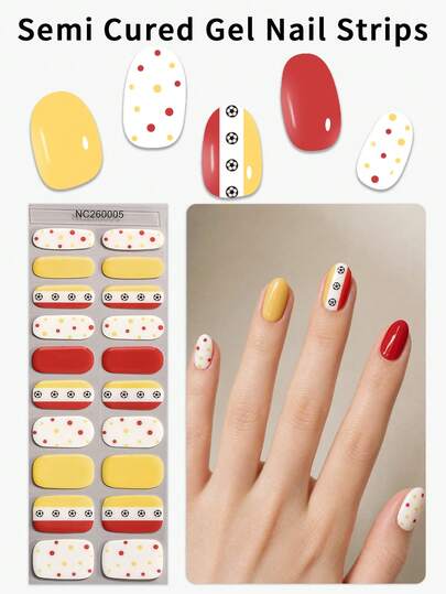 20 miếng dán móng tay gel bán khô chủ đề bóng đá - Họa tiết chấm bi nhiều màu sắc mùa xuân/hè - Miếng dán móng tay chất lượng salon, hoàn hảo cho các buổi hẹn hò, tiệc tùng và tự làm tại nhà.