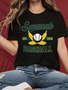 Camisetas de mujer con cuello redondo y mangas cortas con patrones impresos interesantes. Camiseta con diseño de plátano y pelota del equipo de béisbol Savannah, establecido en 2016. Adecuado para fiestas de Navidad, actividades deportivas, fiestas de vacaciones, salidas, deportes y otros regalos festivos (220g). - Negro - Ver 2