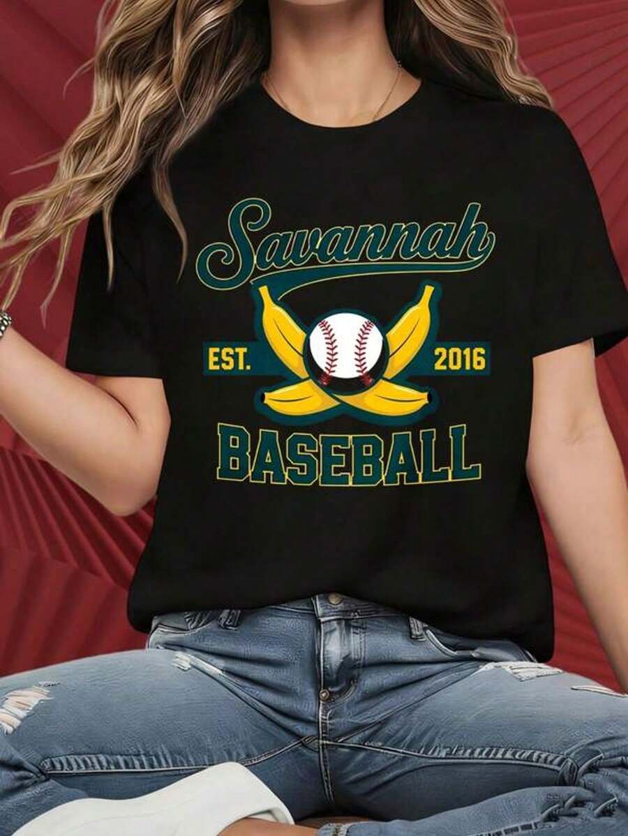 Camisetas de mujer con cuello redondo y mangas cortas con patrones impresos interesantes. Camiseta con diseño de plátano y pelota del equipo de béisbol Savannah, establecido en 2016. Adecuado para fiestas de Navidad, actividades deportivas, fiestas de vacaciones, salidas, deportes y otros regalos festivos (220g).