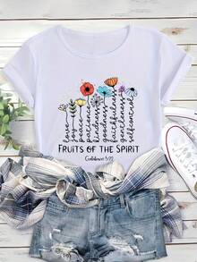 Camiseta de algodón de manga corta para mujer, con estampado floral inglés, holgada, informal, para verano. - Blanco - Ver 3
