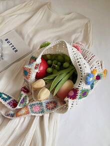 Fashionable Bohemian Style Crochet Tote Bag, Stylish 3D Floral Decor, Large Capacity Open-Top Handbag, Beach Tote, Suitable For Work, School, Beach, Vacation, Woven Texture - Beige - View 5